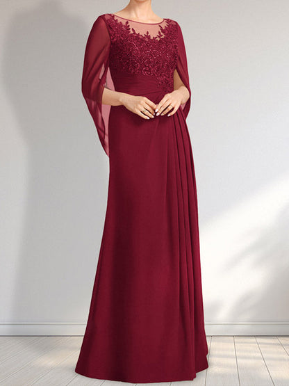 A-Linie, U-Ausschnitt, Illusion, bodenlanges Chiffon-Kleid für die Brautmutter mit plissierten Pailletten