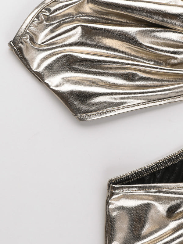 Skinny Sleeveless Asymmetric Pleated Shiny Split-Back Split-Joint One-Shoulder Evening Dresses Maxi Dresses