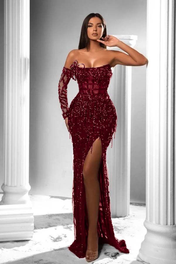 Strapless Long Sleeve High Split Prom Dress With Appliques