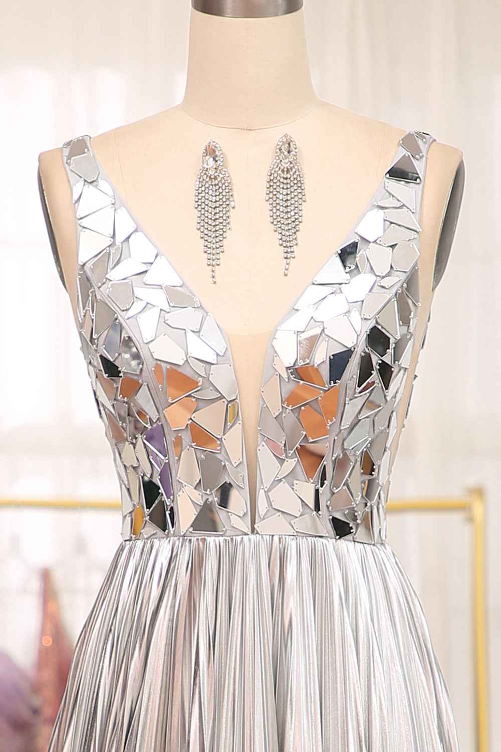 Sparkly A Line Deep V Neck Silver Polyester Prom Dress With Beading