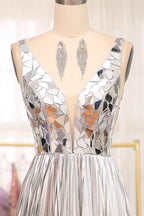 Sparkly A Line Deep V Neck Silver Polyester Prom Dress With Beading