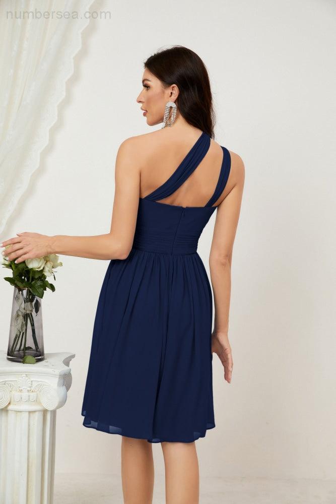 Numbersea Damen Chiffon Kurzes Ein-Schulter Brautjungfernkleid Festliche Kleider für Feier Heimkehr 2804