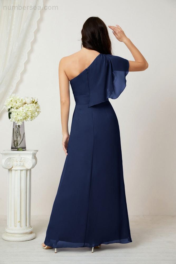 Abito da Sera Formale A-line con Spalla Singola e Balze in Chiffon, Spacco Laterale, per Damigelle, Modello 2809