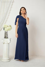 Abito da Sera Formale A-line con Spalla Singola e Balze in Chiffon, Spacco Laterale, per Damigelle, Modello 2809