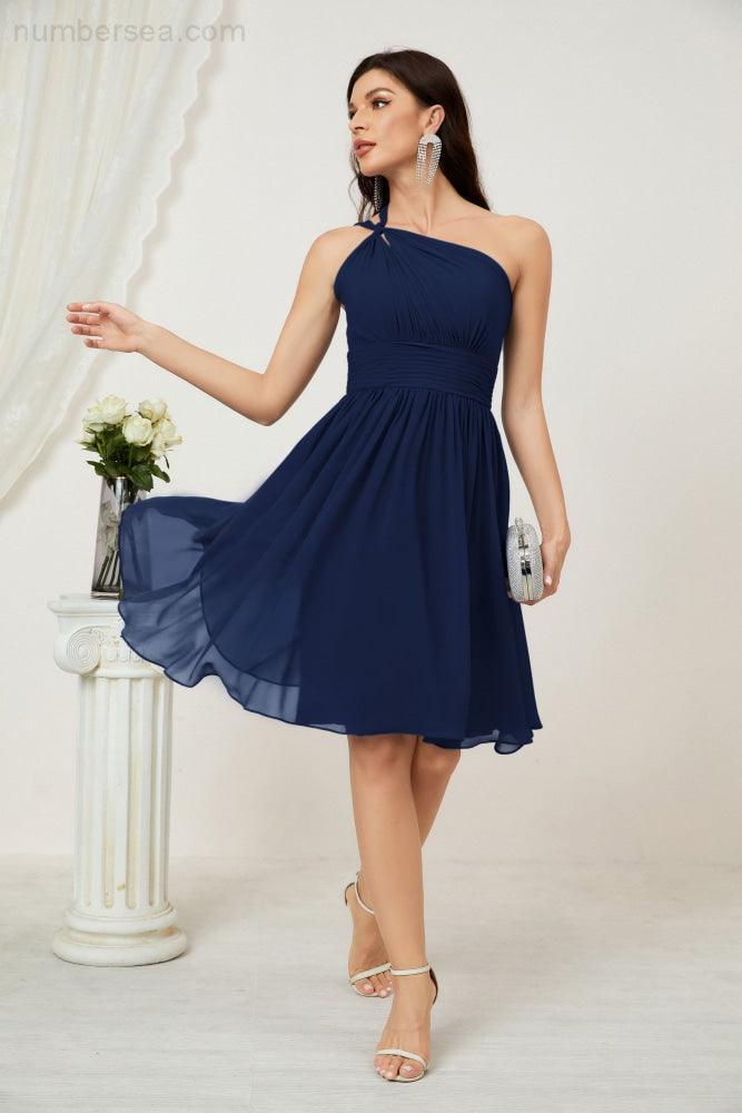 Numbersea Damen Chiffon Kurzes Ein-Schulter Brautjungfernkleid Festliche Kleider für Feier Heimkehr 2804