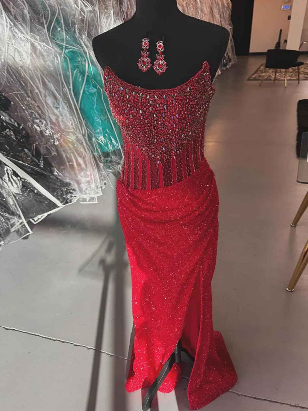 Champagne Strapless Mermaid Prom Dress With Slit And Sparkling Embellishments