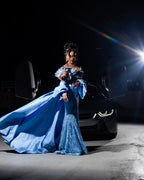 Sky Blue Diamond Beaded Mermaid Gown with White Floral Appliques