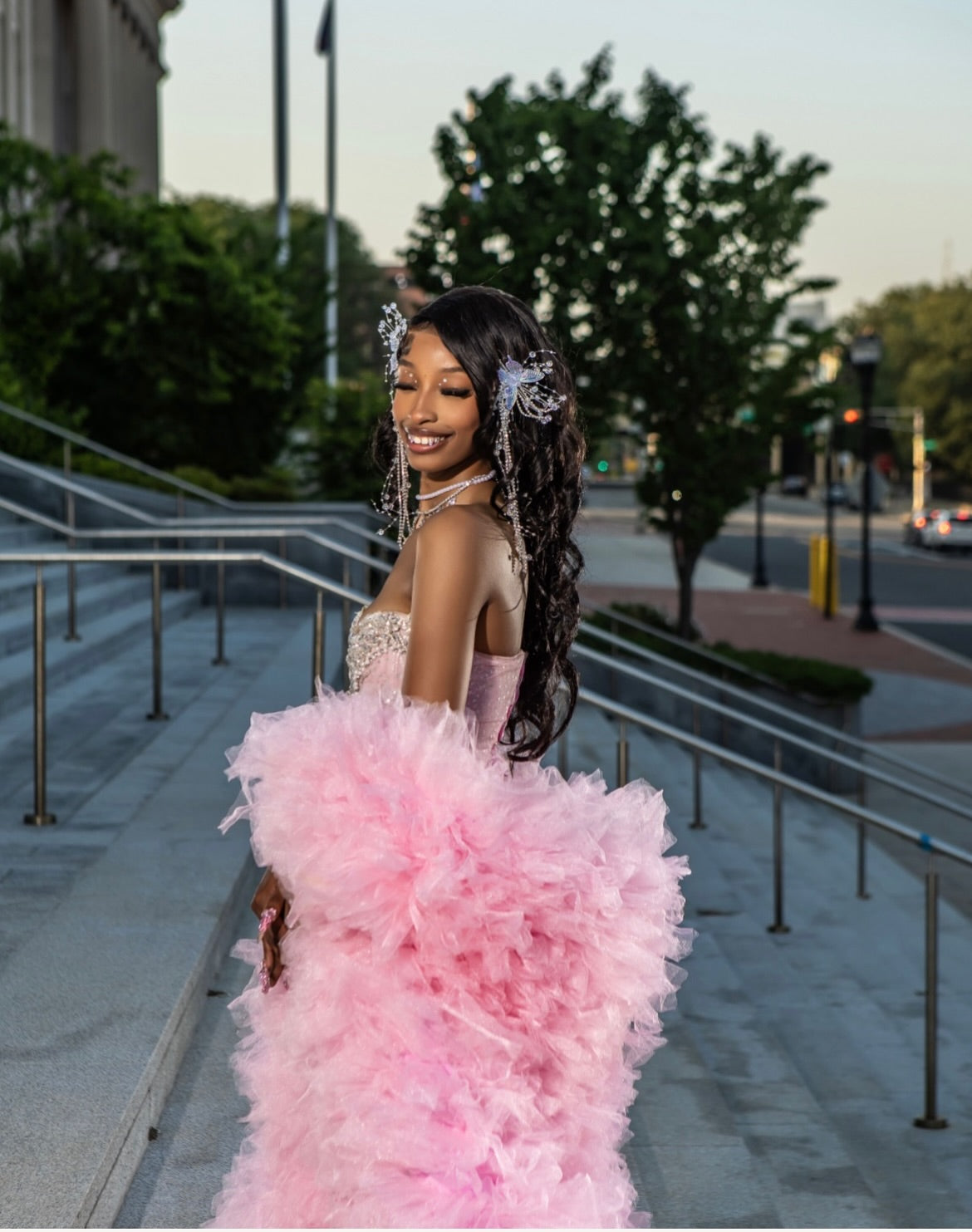 Blush Pink Mermaid Gown With Crystal Beaded And Tulle Overskirt