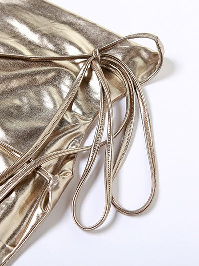 Metallic Coated Deep Neck Backless Evening Dress