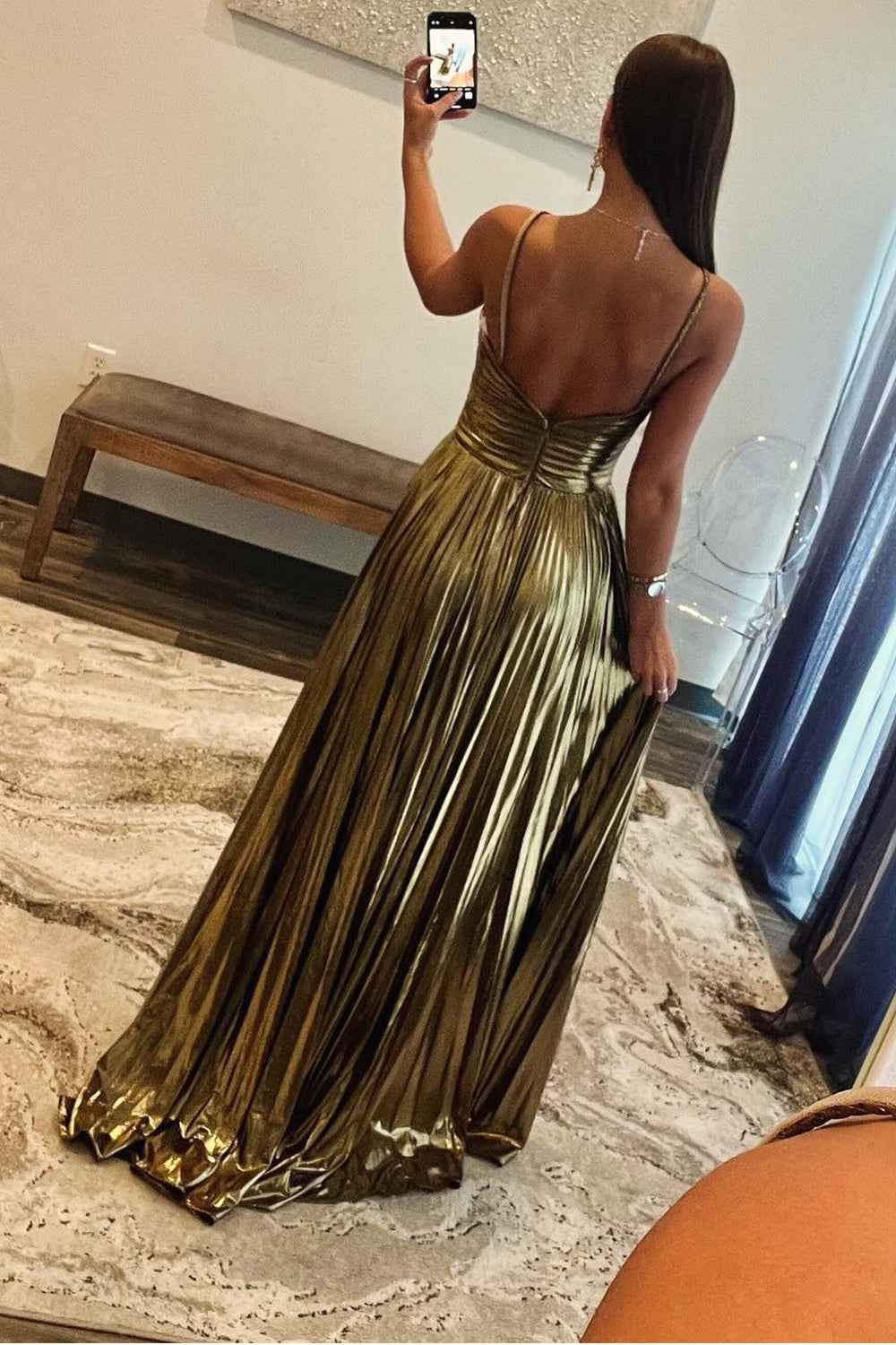Sparkly Golden A Line Halter Prom Dress With Keyhole Slit