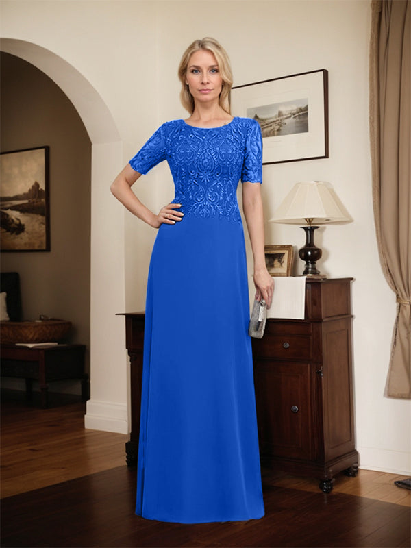 Robe de mère de la mariée en dentelle et mousseline, longueur au sol, en ligne A, décolleté en U, ornée de paillettes
