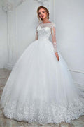 Stunning Jewel Ball Gown Wedding Dress With Long Lace Sleeves And Tulle Skirt