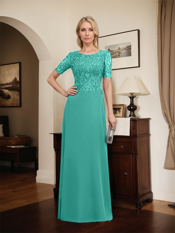 Robe de mère de la mariée en dentelle et mousseline, longueur au sol, en ligne A, décolleté en U, ornée de paillettes