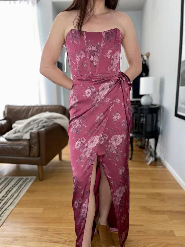 Vestido de Cetim Formal de Festa com Corpete Estampado Fúcsia e Fenda Frontal Y8458