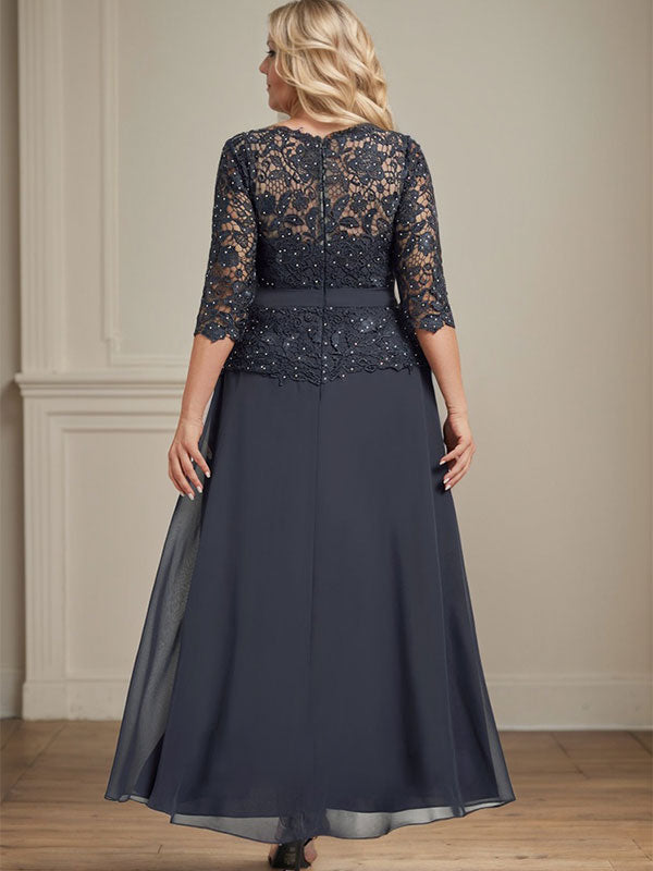 Robe de mère de la mariée en dentelle en mousseline, longueur cheville, coupe trapèze, décolleté illusion en forme de goutte, ornée de perles en strass