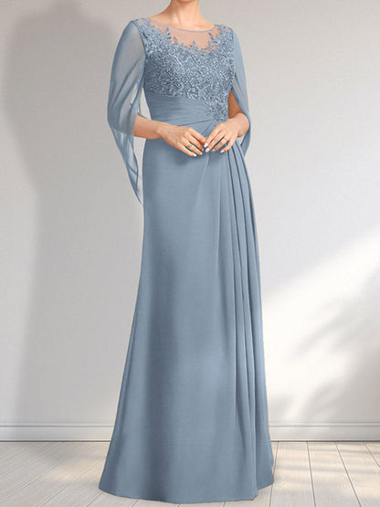 A-Linie, U-Ausschnitt, Illusion, bodenlanges Chiffon-Kleid für die Brautmutter mit plissierten Pailletten