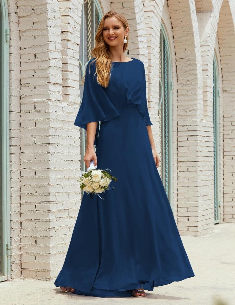 Abito da Damigella Donna Manica Lunga Scollatura a V Chiffon Abito da Cerimonia Matrimonio Festa 28018