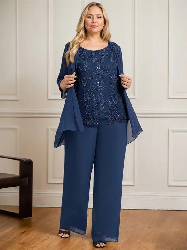 Mono/Pantalón Separado con Escote Redondo, Largo hasta el Suelo, de Encaje y Gasa, Vestido de Madre de la Novia con Lentejuelas