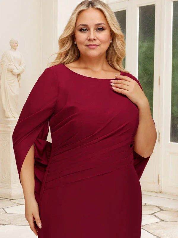 Trompeten-/Meerjungfrauen-Bootsausschnitt bodenlanges Chiffonkleid für die Brautmutter mit Faltenwurf