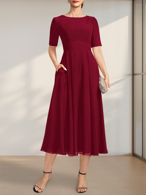 A-Linie U-Ausschnitt Wadenlang Chiffon Kleid für die Brautmutter mit Applikationen Spitze Pailletten