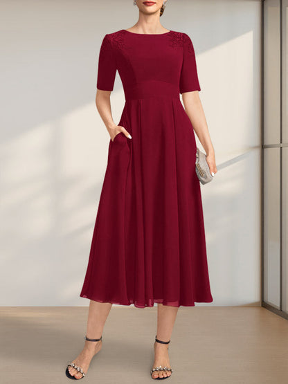 A-Linie U-Ausschnitt Wadenlang Chiffon Kleid für die Brautmutter mit Applikationen Spitze Pailletten