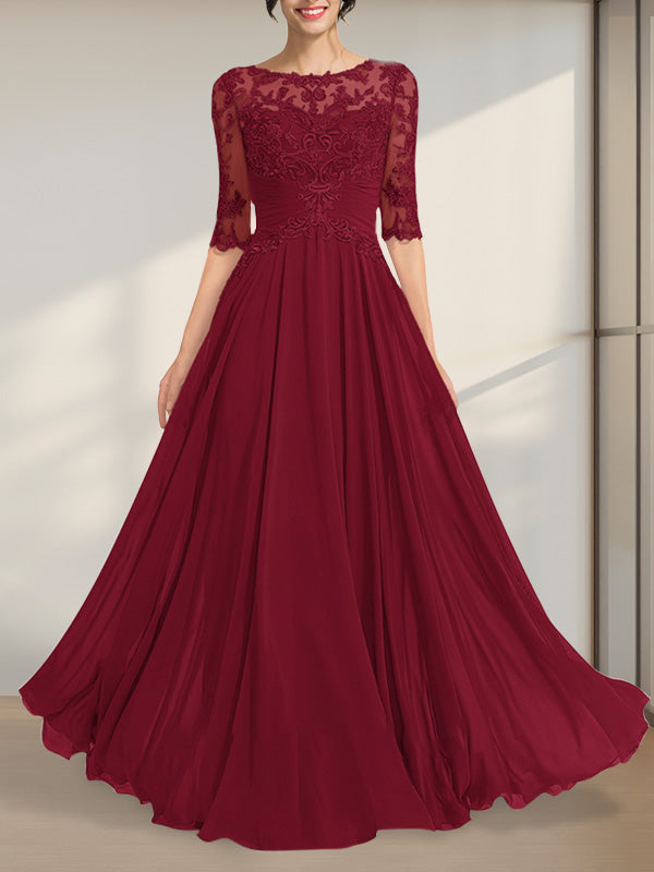 A-Linie, U-Ausschnitt, Illusion, bodenlanges Chiffon-Spitzenkleid für die Brautmutter mit plissierten Pailletten