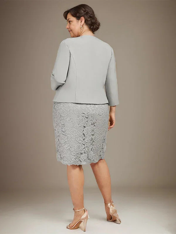 Vestido de Mãe da Noiva em Chiffon com Renda, Bordado e Comprimento ao Joelho, Modelo Tubo/Coluna