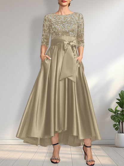 A-Linie U-Ausschnitt Illusion Asymmetrisch Satin Spitze Mutter der Braut Kleid mit Schleife