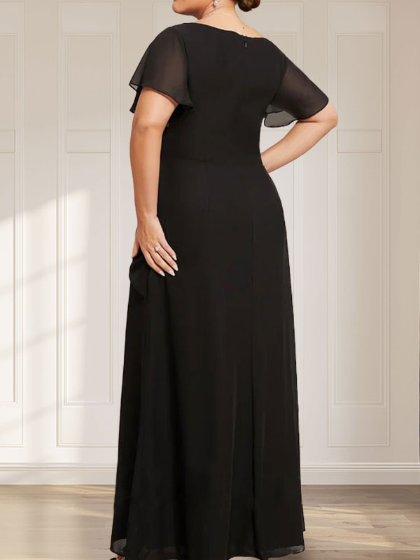 Robe de mère de la mariée en mousseline, longueur cheville, en ligne A, encolure dégagée, ornée de perles et plissée