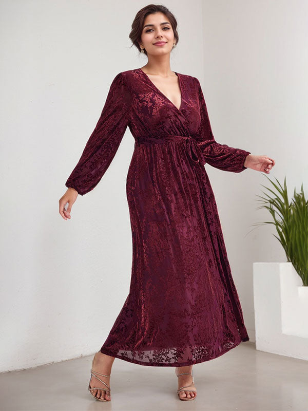 Robe mère de la mariée en velours, longueur thé, manches longues, en ligne A, col en V, avec fente