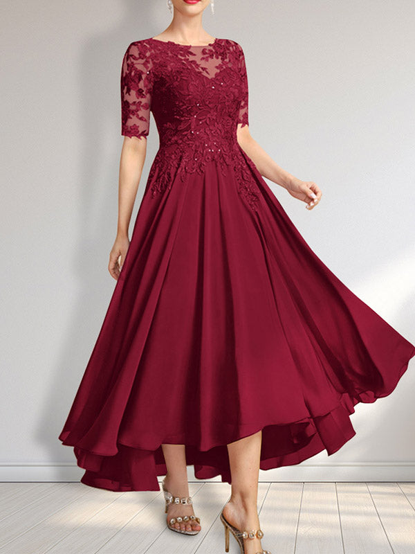 Robe de mère de la mariée en mousseline et dentelle asymétrique illusion à encolure dégagée, coupe en A, ornée de paillettes