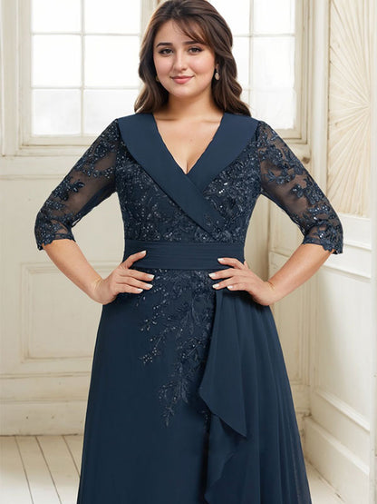 Vestido de madre de la novia de gasa con encaje, escote en V, corte A y largo hasta el suelo, con lentejuelas y volantes en cascada 