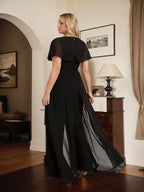 فستان سهرة شيفون طويل بطول الأرض وياقة على شكل حرف V بدلة قفز/بدلة بنطلون