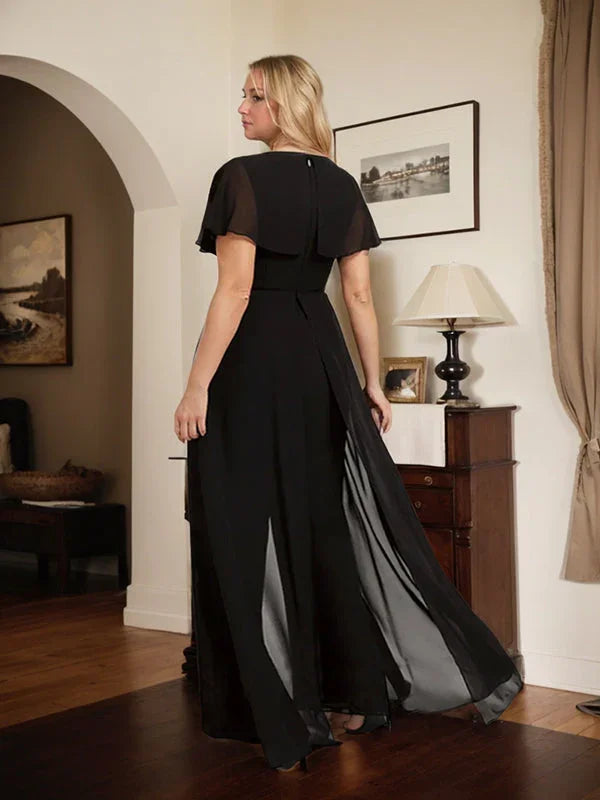 فستان سهرة شيفون طويل بطول الأرض وياقة على شكل حرف V بدلة قفز/بدلة بنطلون
