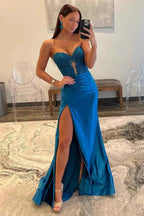 Navy Mermaid Sweetheart Corset Prom Dress With Slit