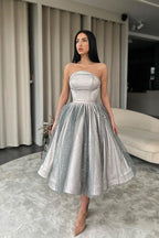 Strapless Silver A-Line Short Prom Dress Ruffle With Sequins and Tulle
