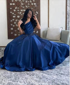 Luxury Woman Women's Evening Dress Dark Blue Satin Glitter Trim Line A Graduation Dresses Party Elegant Prom Wedding Customized