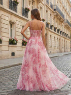 Pink Floral Corset Prom Dress With Tulle Long Gown