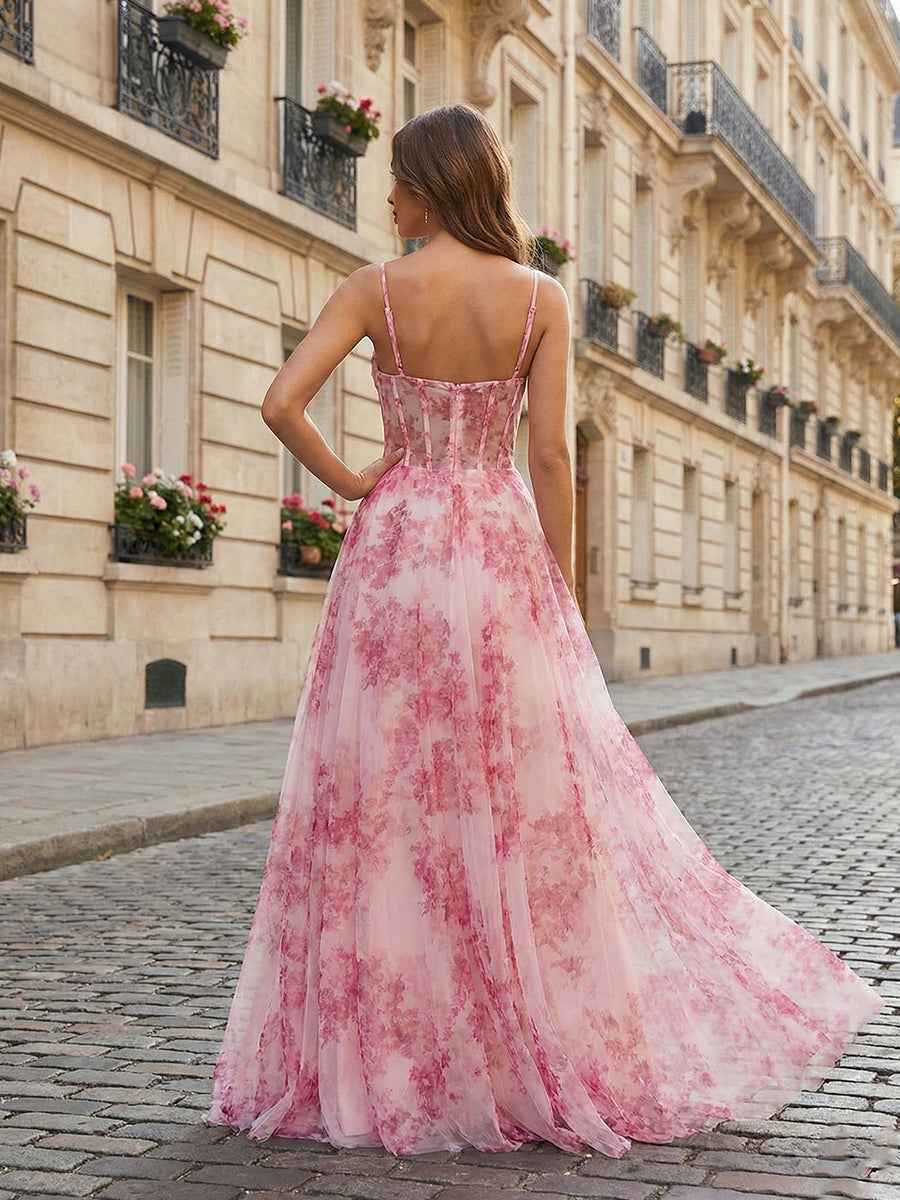 Pink Floral Corset Prom Dress With Tulle Long Gown
