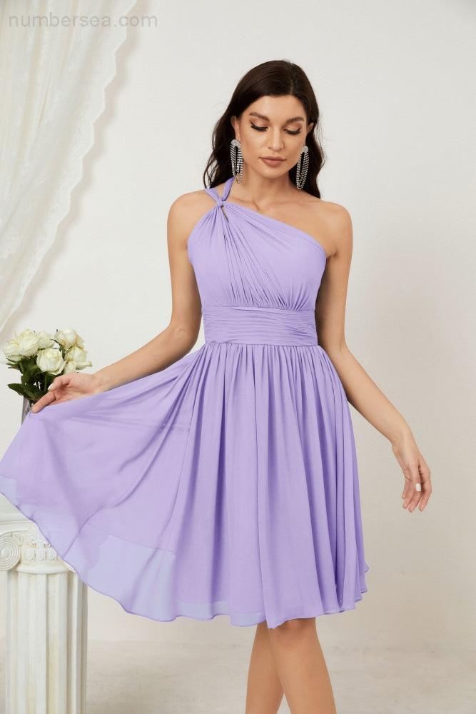 Numbersea Damen Chiffon Kurzes Ein-Schulter Brautjungfernkleid Festliche Kleider für Feier Heimkehr 2804