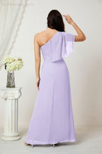 Abito da Sera Formale A-line con Spalla Singola e Balze in Chiffon, Spacco Laterale, per Damigelle, Modello 2809