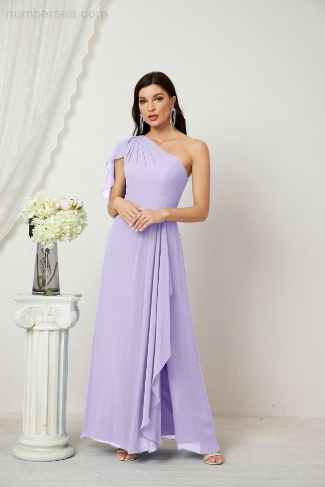 Abito da Sera Formale A-line con Spalla Singola e Balze in Chiffon, Spacco Laterale, per Damigelle, Modello 2809