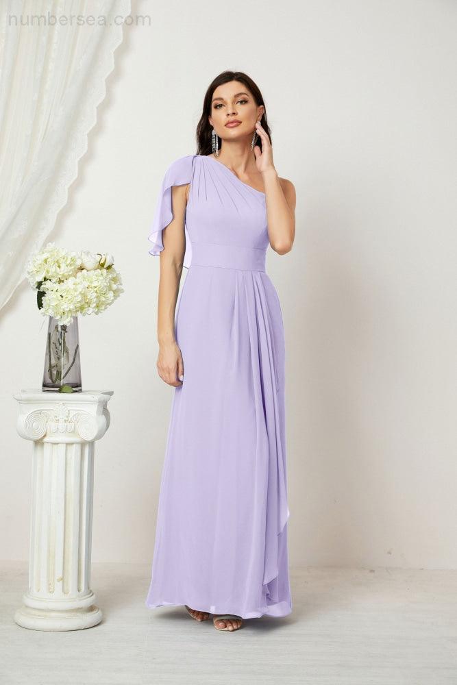 Abito da Sera Formale A-line con Spalla Singola e Balze in Chiffon, Spacco Laterale, per Damigelle, Modello 2809