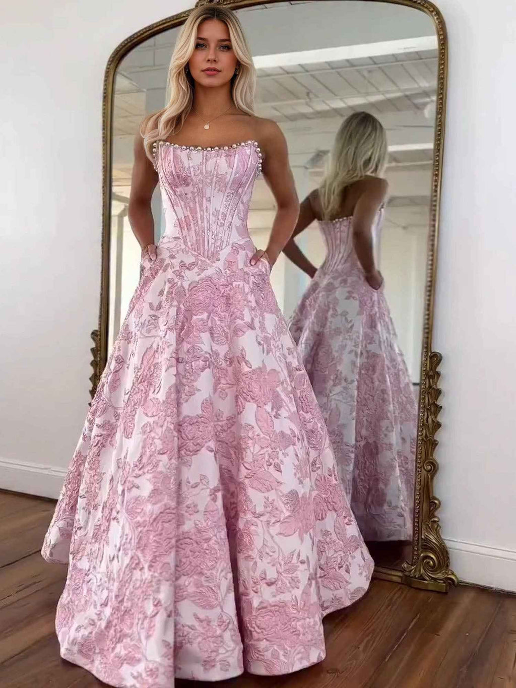 3d Floral Strapless Beaded Evening Prom Dress