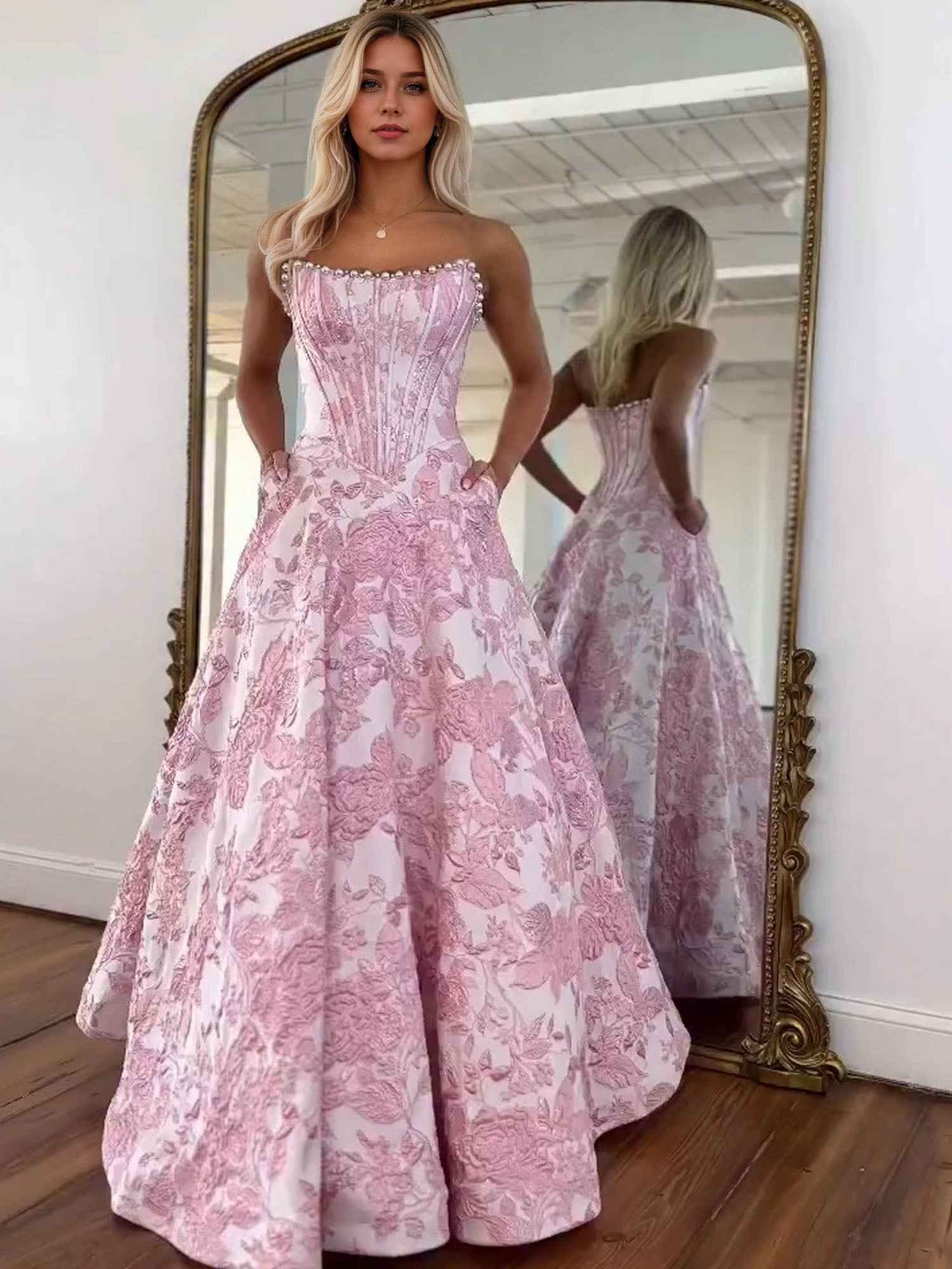3d Floral Strapless Beaded Evening Prom Dress