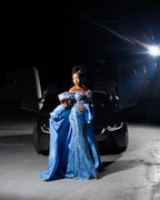Sky Blue Diamond Beaded Mermaid Gown with White Floral Appliques