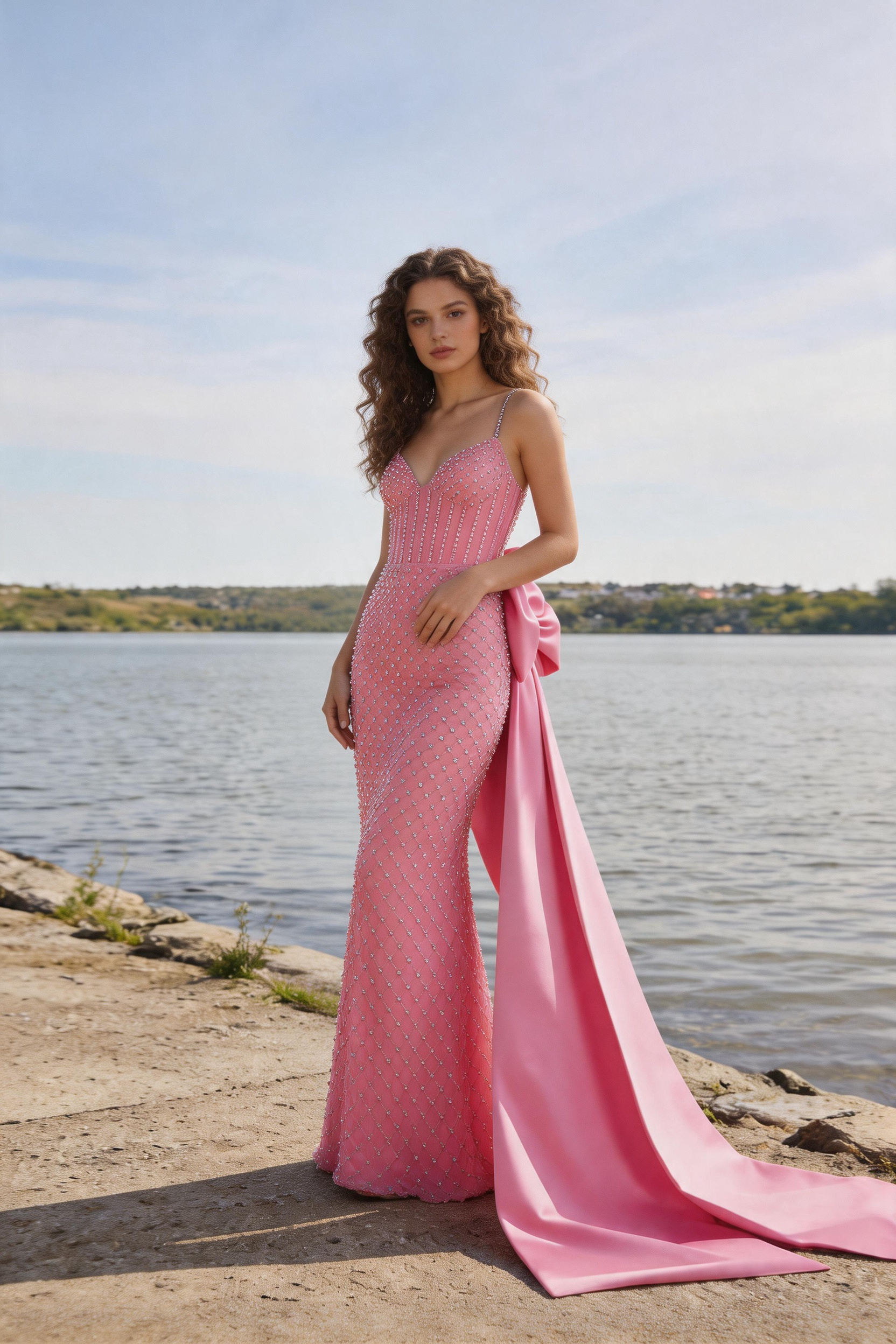 Blush Pink Crystal Mermaid Gown With Corset Bodice And Satin Bow Train