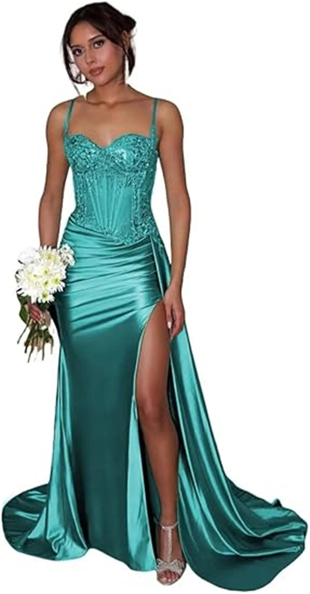 Vestido de Baile Verde-Sálvia Cetim Sereia | Vestido de Noite com Corpete de Renda e Contas, com Fenda