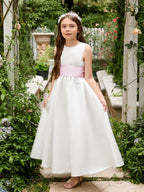 Ivory Satin Flower Girl Ball Gown Ankle Length Dress With Sash