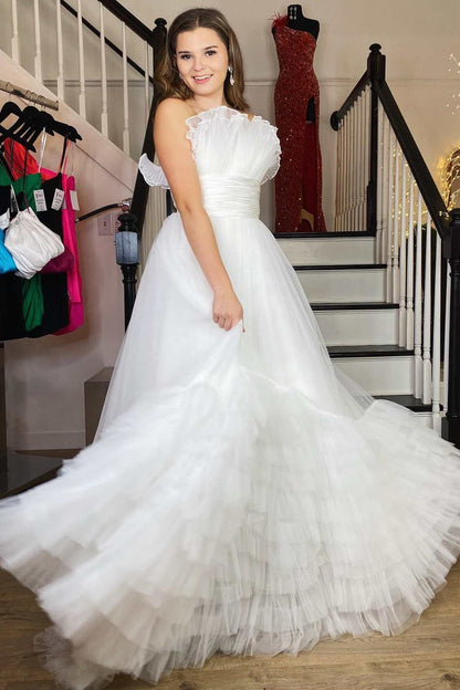 Vestido de fiesta largo de tul rosa con capas y sin tirantes, corte A